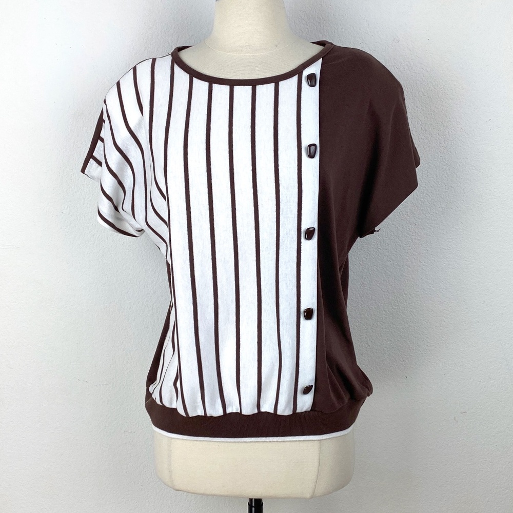 Vintage Aileen Cotton Knit Top Large Brown White Stripe Short Sleeves Retro USA